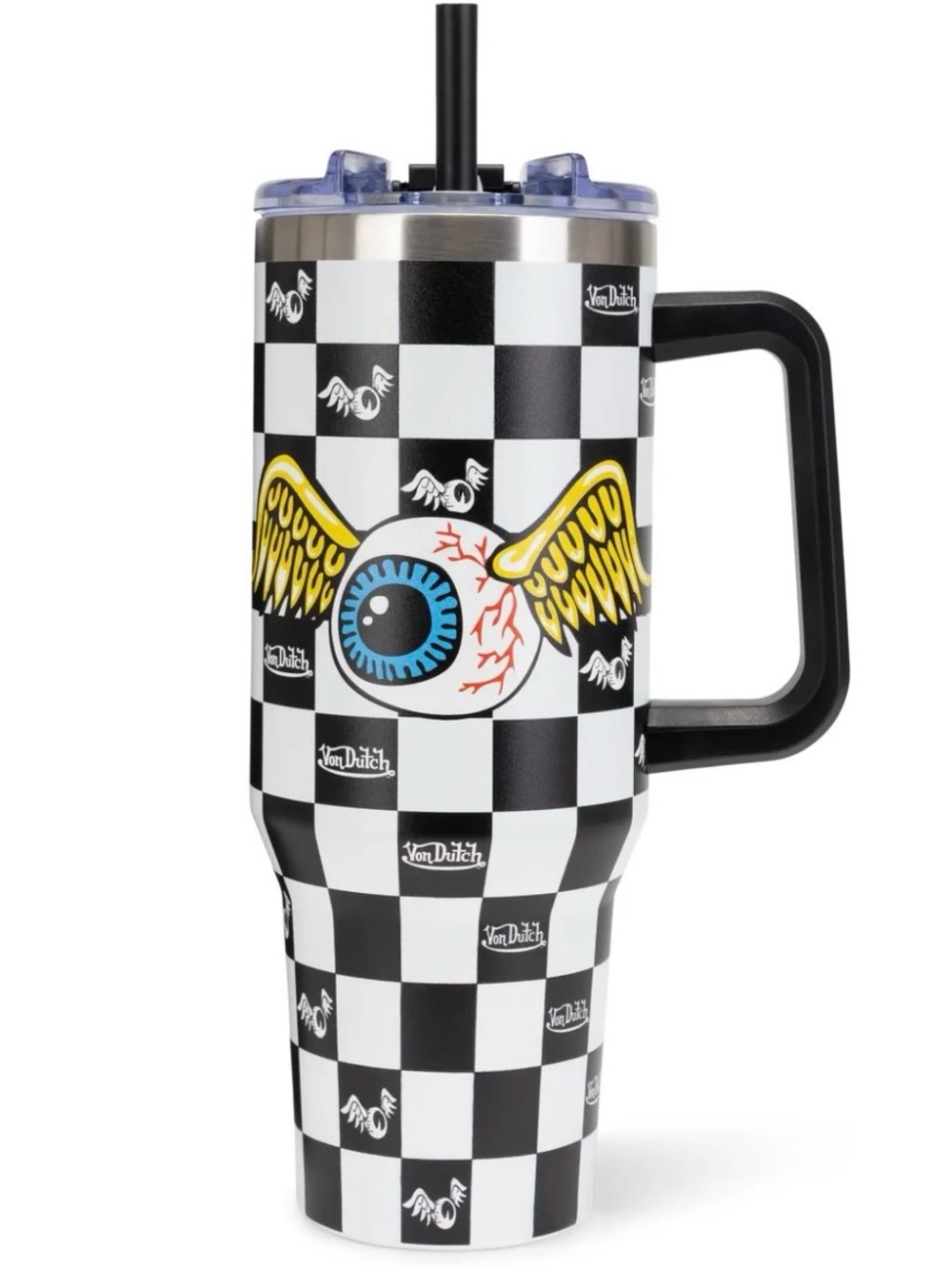 Von Dutch Black White Checkered Tumbler with Blue Eyeball and Yellow Wings
